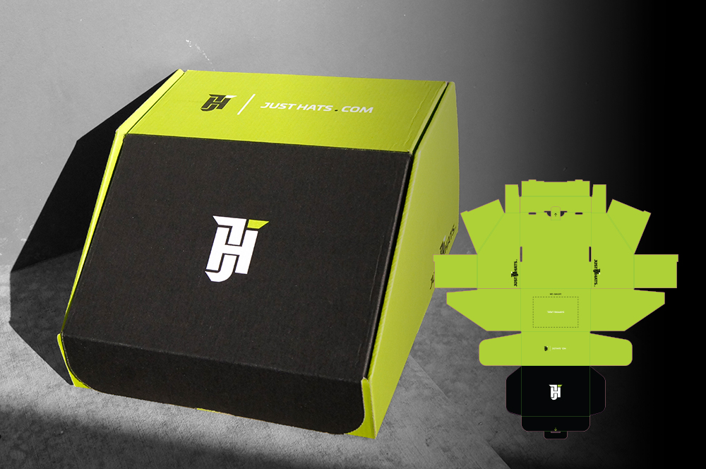 Just Hats branded packaging system with dieline
