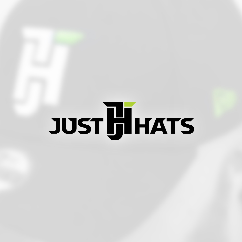 Just Hats wordmark over blurred cap background