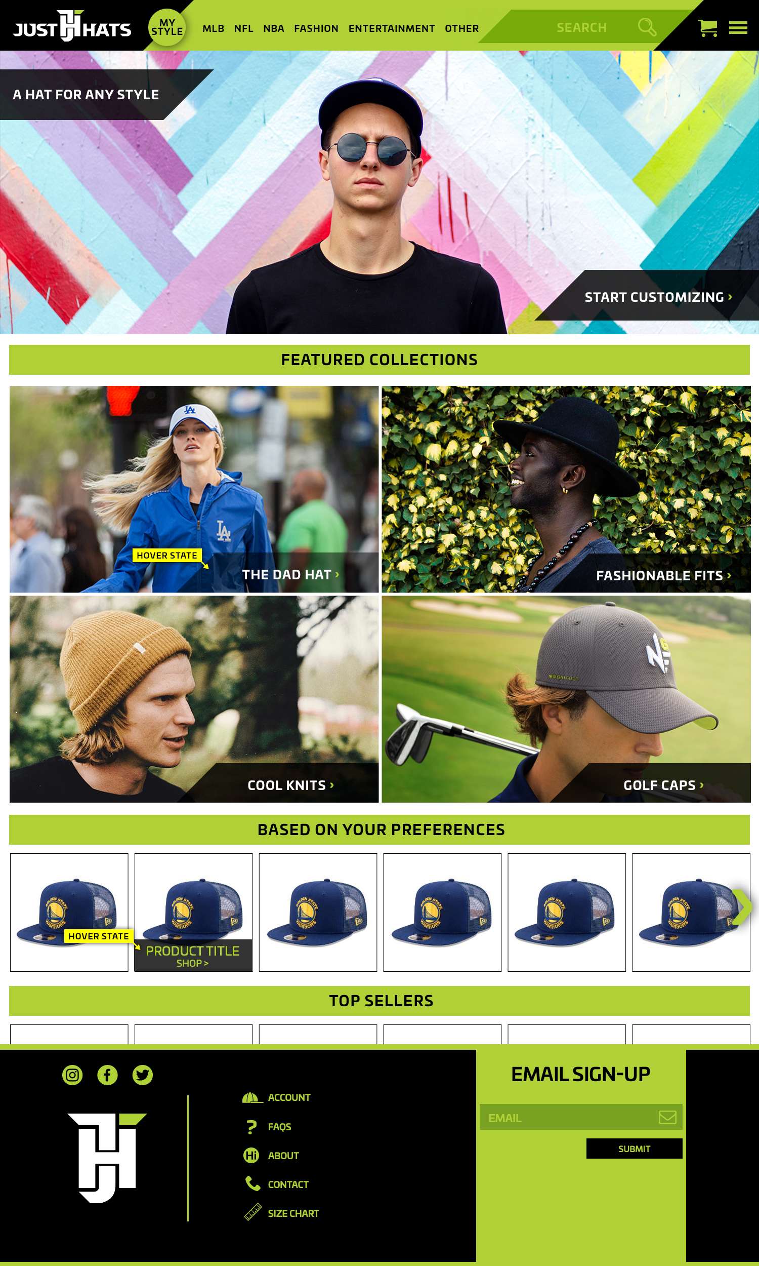 Desktop homepage design for the Just Hats website