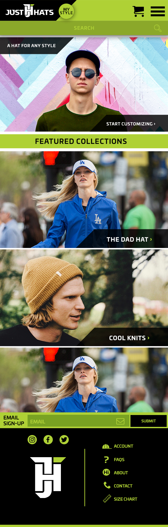 Mobile homepage design for the Just Hats website